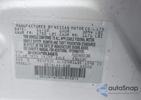 2013 Nissan Versa 1.6 S из США, поврежденный, VIN 3N1CN7AP3DL845875